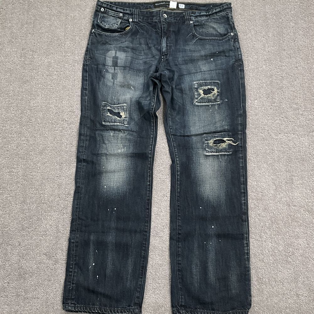 Rocawear Jean Men‎ 38W Blue Distress Destroyed Classic Fit Streetwear Hip Hop